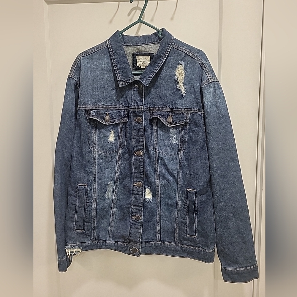 Wax Jean Basic Denim Women's Blue Distressed Dark Wash Jacket Size Large